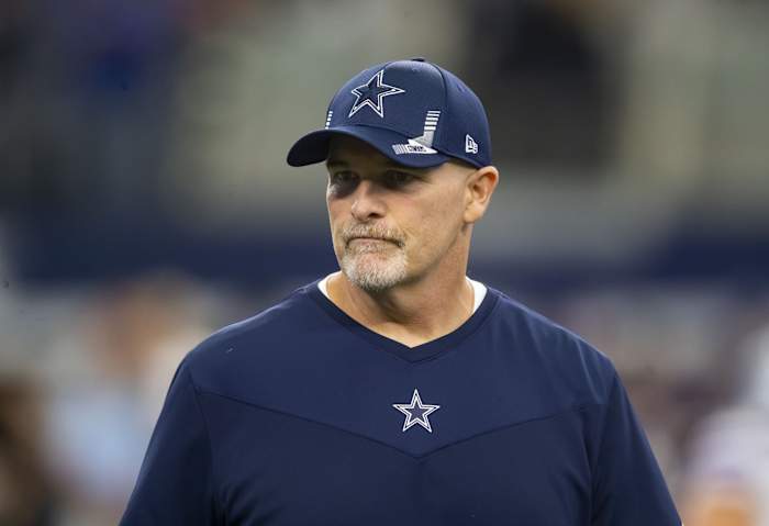 Oct 3, 2021; Arlington, Texas, USA; Dallas Cowboys defensive coordinator Dan Quinn against the Carolina Panthers at AT&T Stadium.